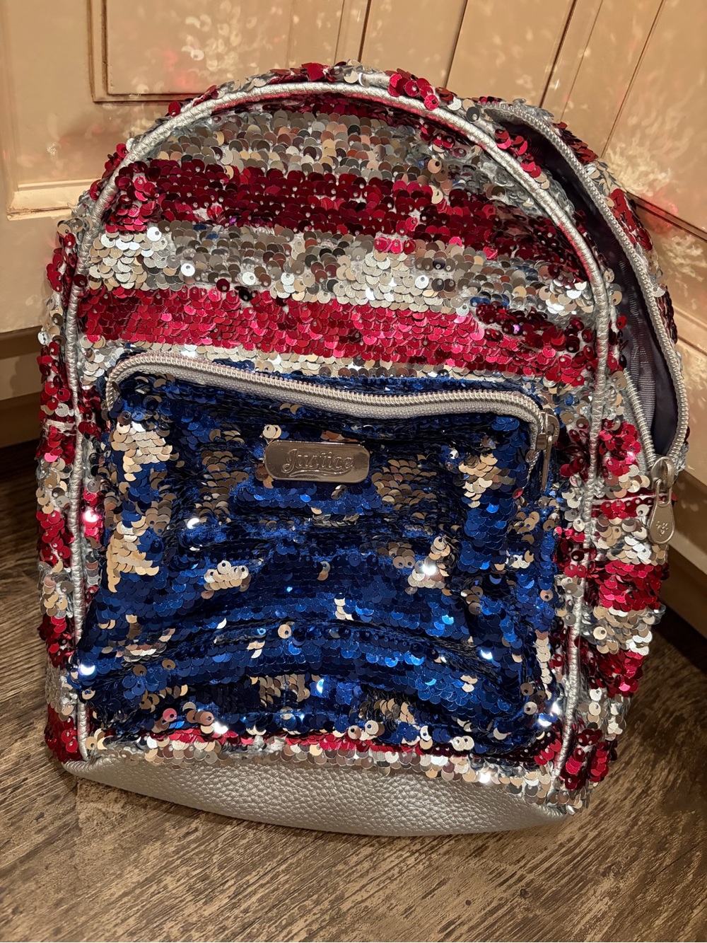 Justice American Flag Silver Small Backpack Purse